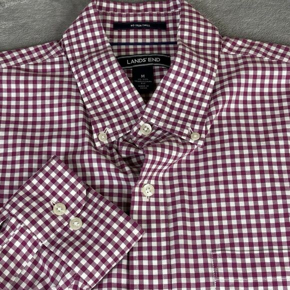 Lands End Button Down Shirt Mens M 15-15.5 Red Gingham Check Traditional Fit - Picture 1 of 10